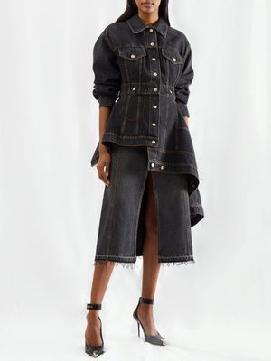 Alexander Mcqueen - Frayed-hem Front-slit Denim Midi Skirt - Womens - Black