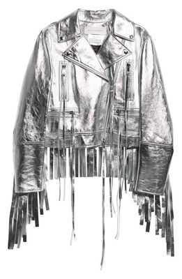 Alexander McQueen Fringe Metallic Leather Biker Jacket in Silver