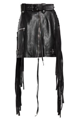 Alexander McQueen Fringe Trim Biker Belted Leather Miniskirt in Black