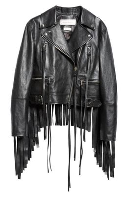 Alexander McQueen Fringe Trim Leather Biker Jacket in Black