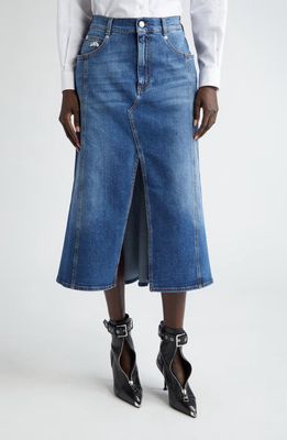 Alexander McQueen Front Vent Denim Midi Skirt in Worn Wash