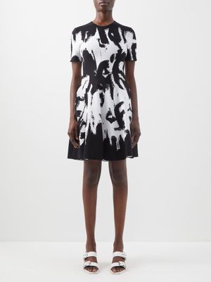 Alexander Mcqueen - Gathered Graffiti-print Crepe Mini Dress - Womens - Black/white
