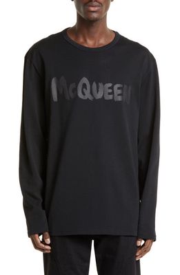 Alexander McQueen Graffiti Logo Long Sleeve Cotton Mesh T-Shirt in Black/Black