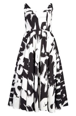 Alexander McQueen Graffiti Logo Print Scoop Neck Cotton Poplin Midi Dress in Black White