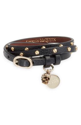 Alexander McQueen Hammered Studs Double Wrap Leather Bracelet in Black