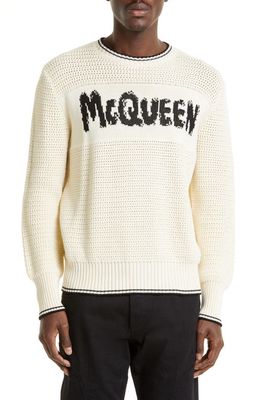 Alexander McQueen Intarsia Graffiti Logo Mixed Stitch Cotton Sweater in Vanilla/Black
