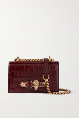 Alexander McQueen - Jewelled Satchel Embellished Croc-effect Leather Shoulder Bag - Burgundy