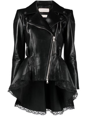 Alexander McQueen lace-trim peplum leather jacket - Black