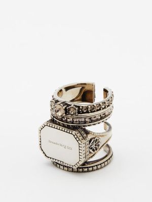 Alexander Mcqueen - Logo-engraved Stacked Crystal And Metal Ring - Womens - Silver