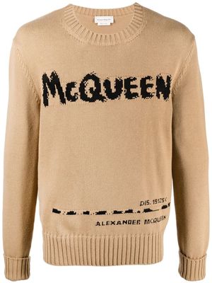 Alexander McQueen logo-intarsia organic cotton jumper - Brown