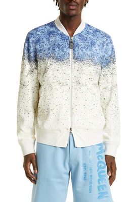 Alexander McQueen Men's Crystal Embellished Colorblock Bomber Jacket in White/Blue/Silver