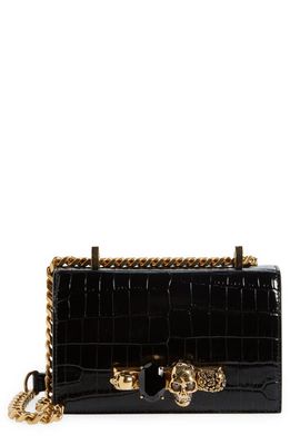 Alexander McQueen Mini Jeweled Croc Embossed Leather Satchel in Black