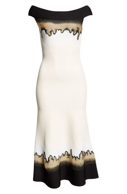 Alexander McQueen Off the Shoulder Jacquard Midi Sweater Dress in Ivory/Black/Gold