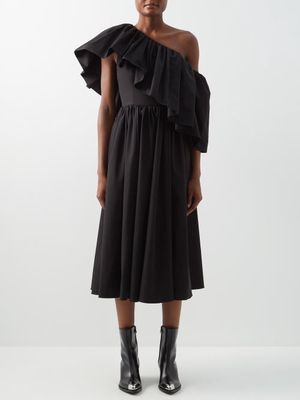 Alexander Mcqueen - One-shoulder Cotton Midi Dress - Womens - Black