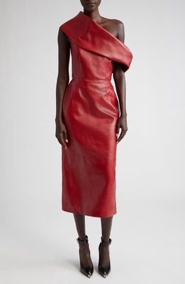 Alexander McQueen One-Shoulder Draped Leather Midi Dress in Blood Red