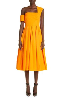 Alexander McQueen One-Shoulder Organic Cotton Poplin Midi Dress in 7049 Sunset Orange