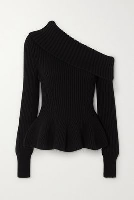 Alexander McQueen - One-shoulder Ribbed Wool And Cashmere-blend Peplum Sweater - Black