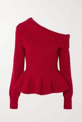 Alexander McQueen - One-shoulder Ribbed Wool And Cashmere-blend Peplum Sweater - Red