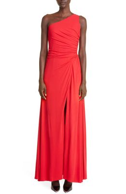 Alexander McQueen One-Shoulder Ruched Fluid Crepe Gown in Welsh Red