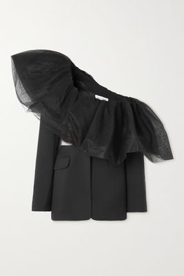 Alexander McQueen - One-shoulder Tulle-trimmed Cutout Wool And Mohair-blend Crepe Blazer - Black
