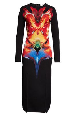 Alexander McQueen Orchid Cutout Long Sleeve Jacquard Dress in 1160 Black/Red/Yellow