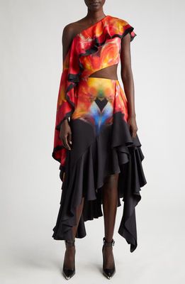 Alexander McQueen Orchid Print Asymmetric Ruffle SilkOne-Shoulder Dress in 1000 Black