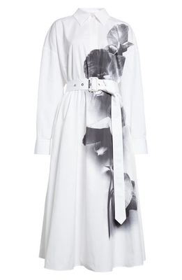 Alexander McQueen Orchid Print Belted Long Sleeve Cotton Shirtdress in 9080 White - Black
