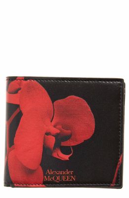 Alexander McQueen Orchid Print Leather Bifold Wallet in Black/L. red