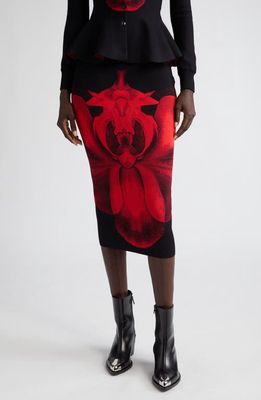 Alexander McQueen Orchid Print Pencil Skirt in 1023 Black/Red