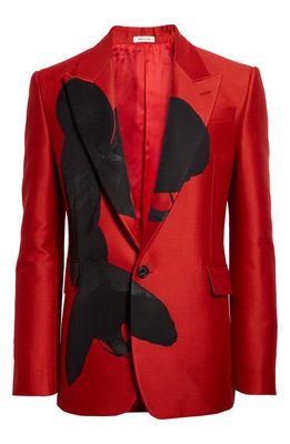 Alexander McQueen Orchid Print Single Breasted Cotton & Virgin Wool Blend Blazer in Red/Black