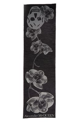 Alexander McQueen Orchid Skull Jacquard Wool & Silk Scarf in 1078 Black/Ivory