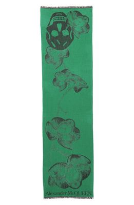 Alexander McQueen Orchid Skull Jacquard Wool & Silk Scarf in 3160 Green/Black