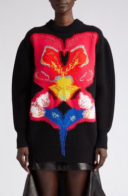 Alexander McQueen Oversize Orchid Reverse Intarsia Wool Sweater in 1160 Black/Red/Yellow