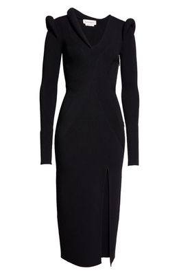 Alexander McQueen Padded Shoulder Rib Long Sleeve Midi Dress in 1000 Black