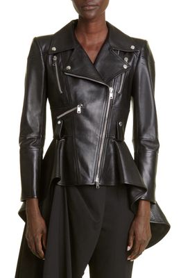 Alexander McQueen Peplum Lambskin Leather Moto Jacket in Black