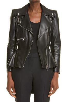 Alexander McQueen Peplum Leather Moto Jacket in Black at Nordstrom, Size 6 Us