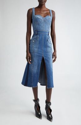 Alexander McQueen Pleated Denim Midi Dress in Worn Wash at Nordstrom, Size 0 Us