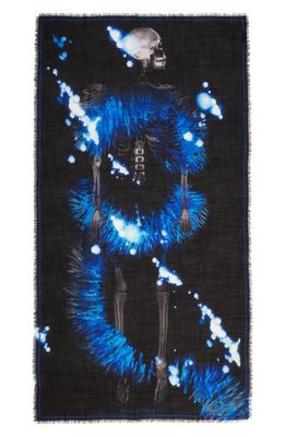 Alexander McQueen Raffia Skeleton Print Wool Scarf in 1068 Black /Blue