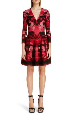 Alexander McQueen Rose Jacquard Fit & Flare Sweater Dress in Red/Pink/Black