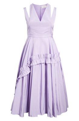 Alexander McQueen Shoulder Cutout Ruffle Faille Midi Dress in Deep Lilac