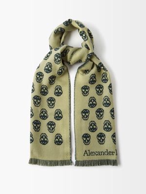 Alexander Mcqueen - Skull-jacquard Fringed Wool Scarf - Womens - Green Multi
