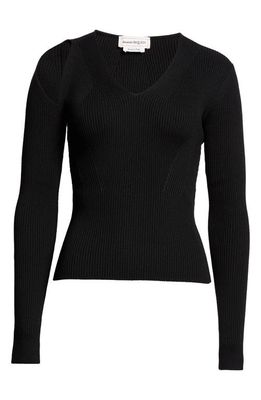 Alexander McQueen Slash Cutout V-Neck Wool Blend Rib Sweater in Black