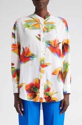 Alexander McQueen Solarised Orchid Print Silk Button-Up Shirt in 9000 Optical White