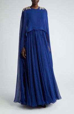 Alexander McQueen Strapless Silk Chiffon Gown with Embellished Cape Overlay in Electric Navy