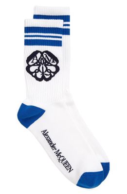 Alexander McQueen Stripe Seal Crew Socks in White/Cobalt