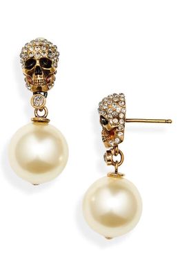 Alexander McQueen Swarovski Crystal Pavé Skull & Imitation Pearl Drop Earrings in 2375 Antique Gold - Pearl