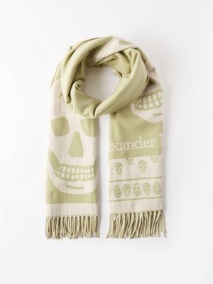 Alexander Mcqueen - Tasselled Skull-jacquard Wool Scarf - Womens - White Multi