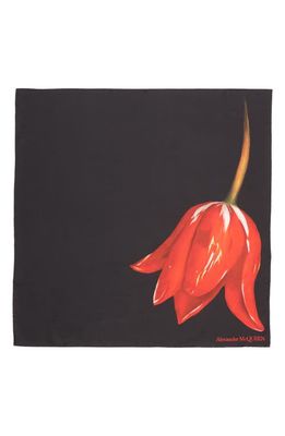Alexander McQueen Tulip Print Silk Square Scarf in Black/Red