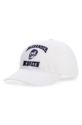 Alexander McQueen Varsity Skull Logo Embroidered Baseball Cap in White/Indigo