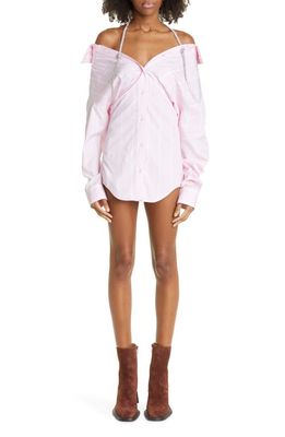 Alexander Wang Athena Crystal Strap Off the Shoulder Long Sleeve Mini Shirtdress in Light Pink/White
